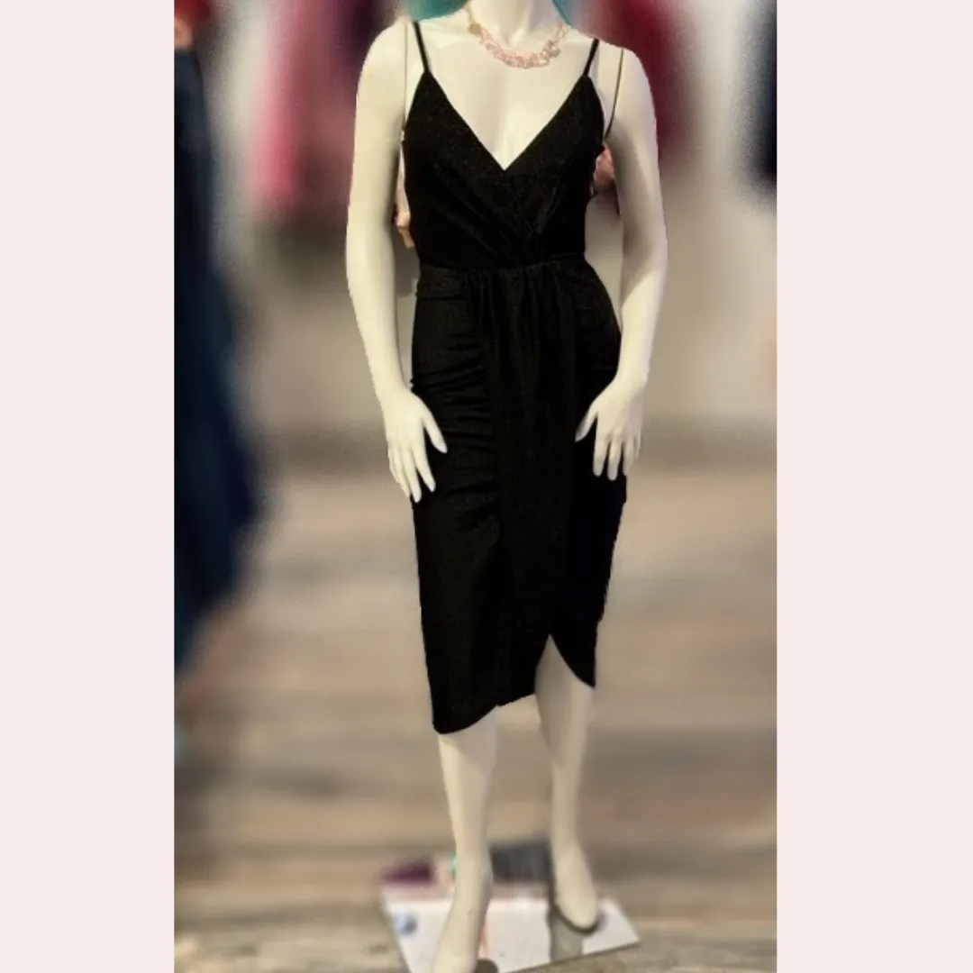 Black metallic lurex knit spaghetti strap dress