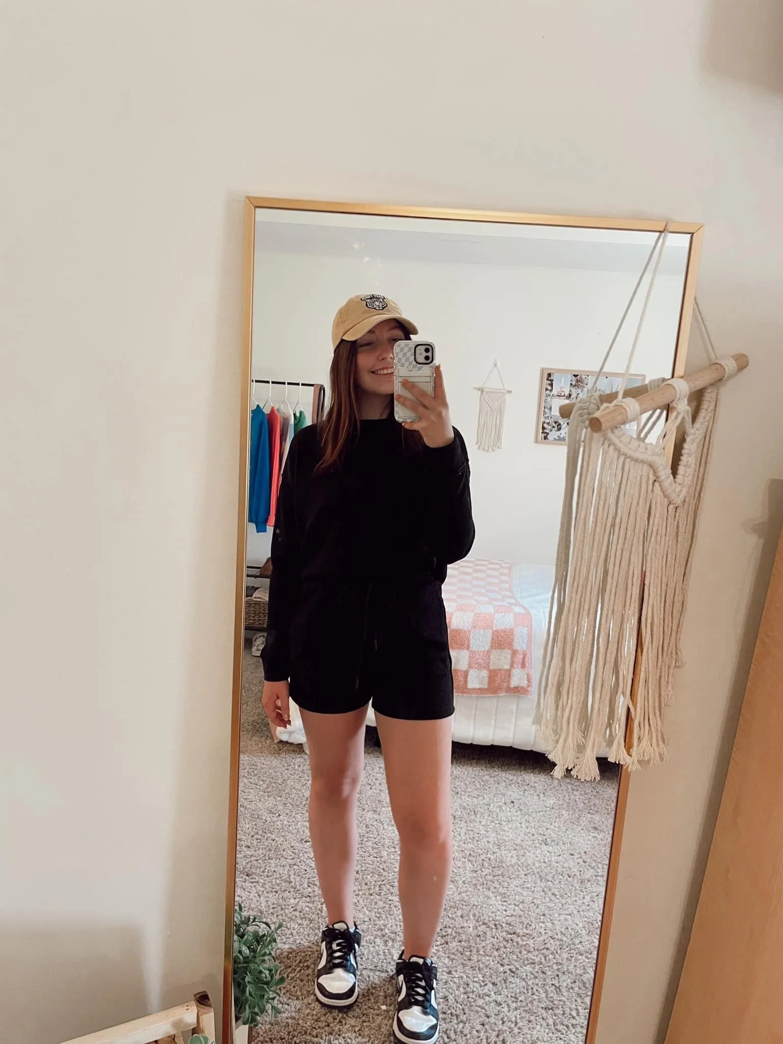 Black Textured Long Sleeve Top & Drawstring Shorts
