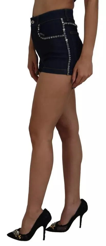Blue Denim Stretch Crystal Hot Pants Shorts