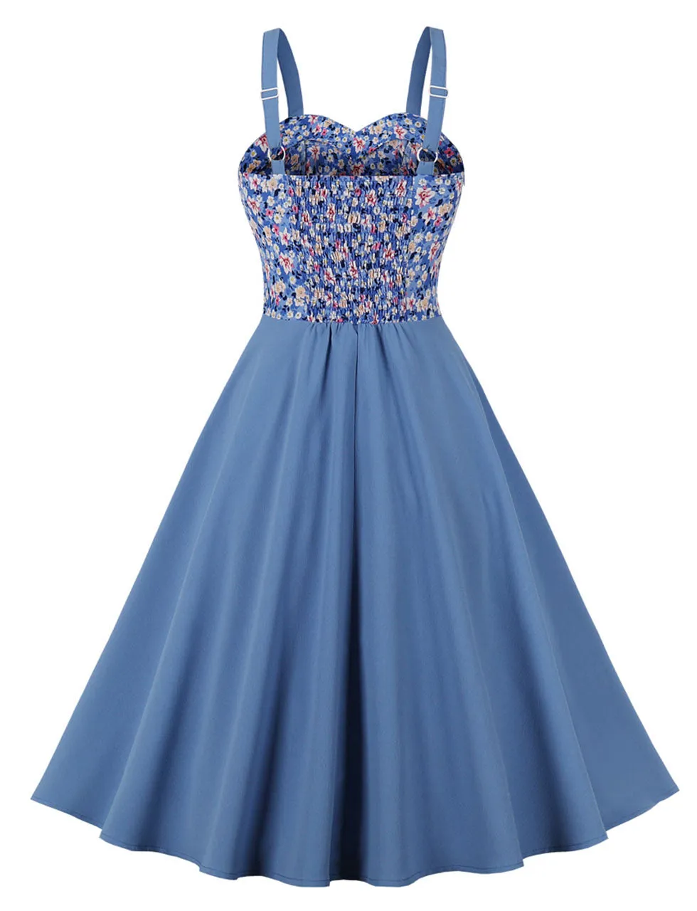 Blue Floral Print Spaghetti Strap Elastic Back High Waist 1950 Vintage Dress