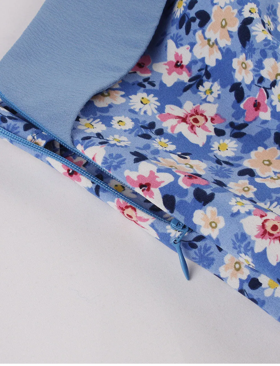 Blue Floral Print Spaghetti Strap Elastic Back High Waist 1950 Vintage Dress