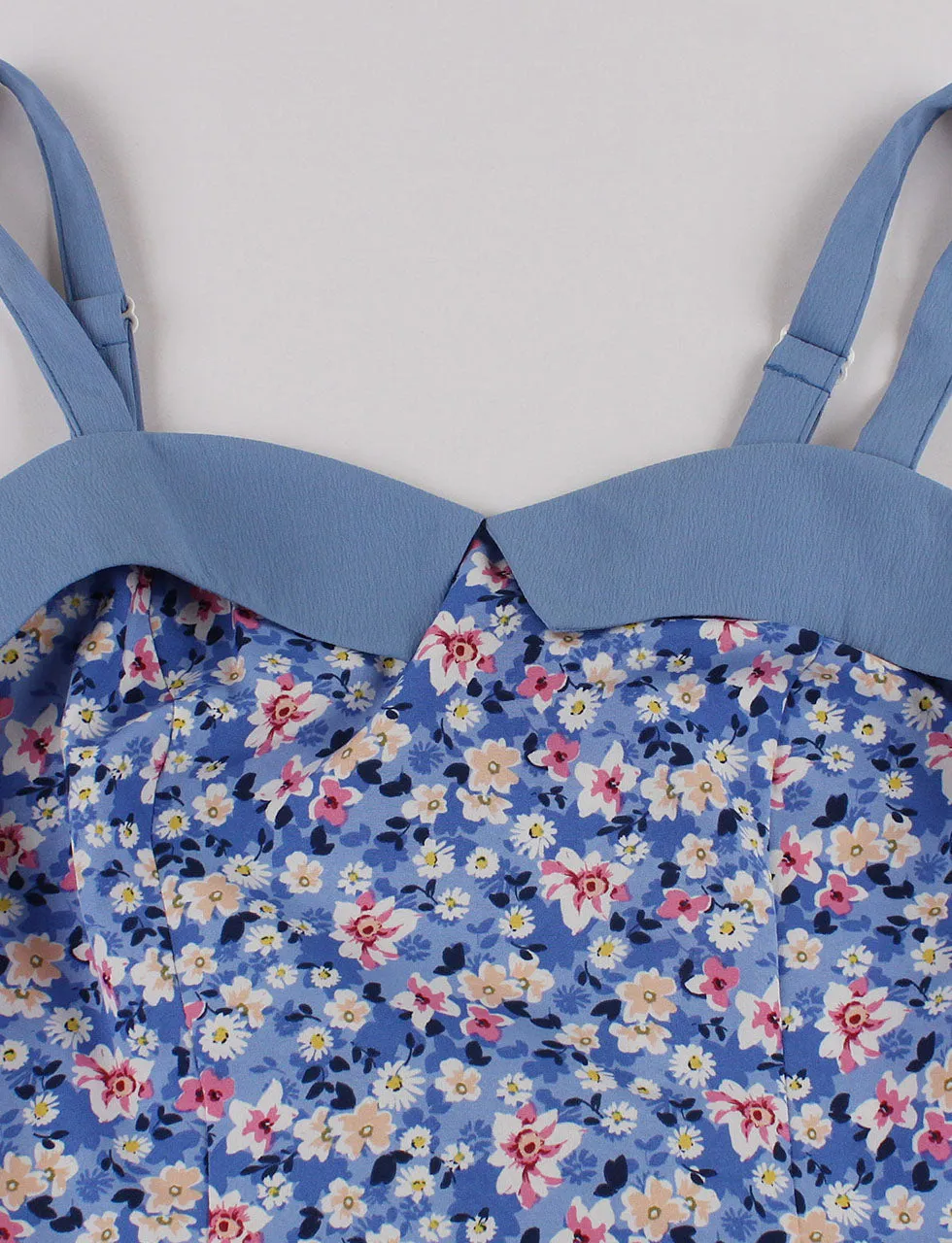 Blue Floral Print Spaghetti Strap Elastic Back High Waist 1950 Vintage Dress