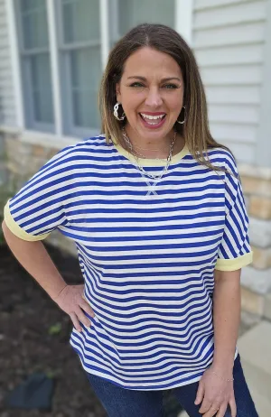 BLUE STRIPED RELAXED FIT SHORT SLEEVE TOP