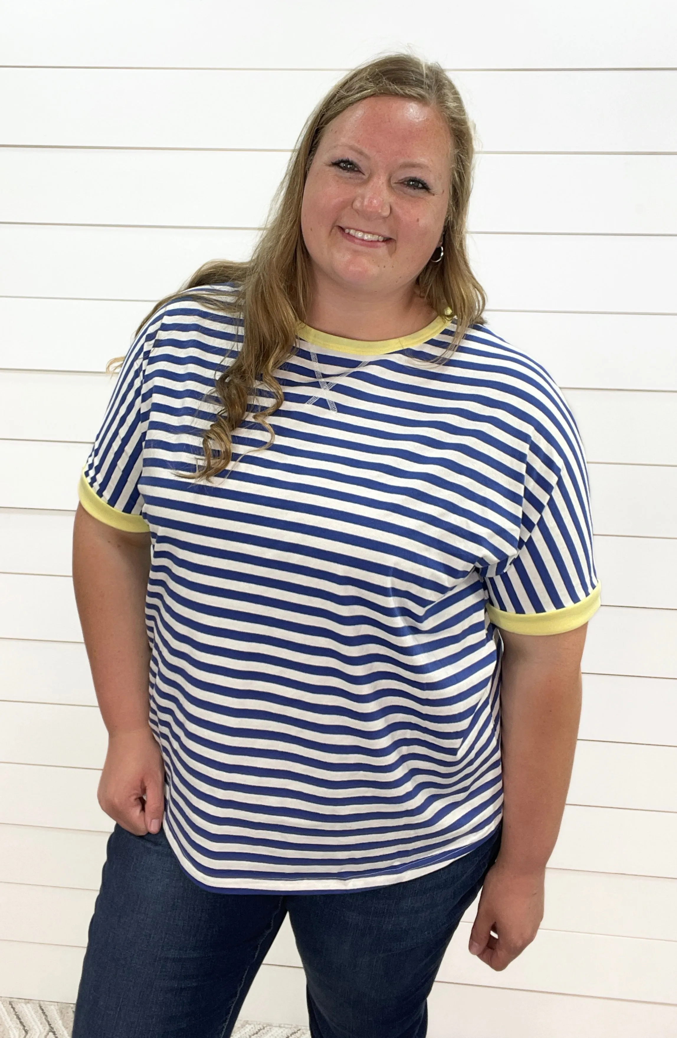 BLUE STRIPED RELAXED FIT SHORT SLEEVE TOP
