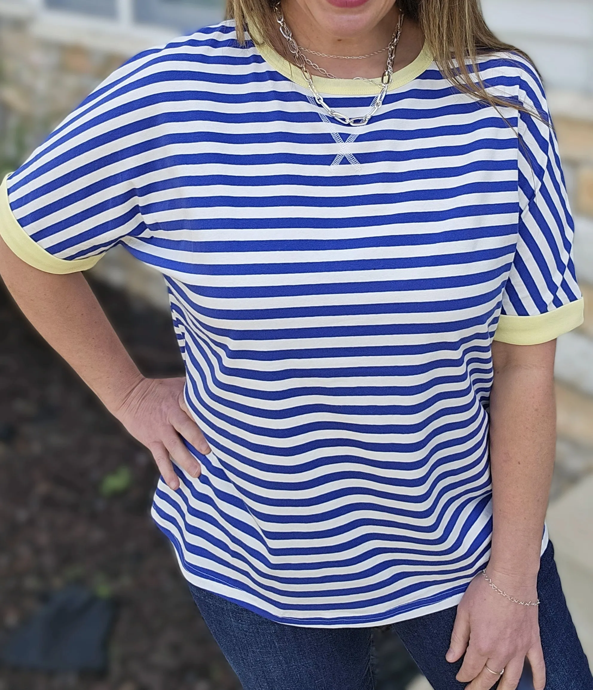 BLUE STRIPED RELAXED FIT SHORT SLEEVE TOP