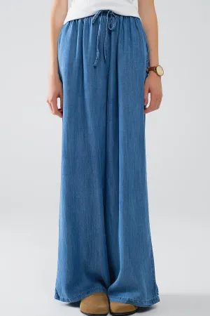 Blue tencel Denim-Style Wide-Leg Fluid Pants
