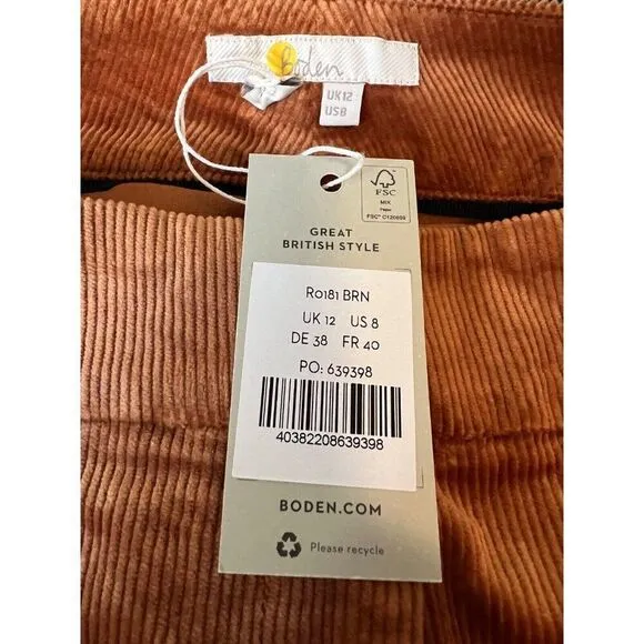 Boden Womens High Waist Shorts Corduroy UK 12 US 8 Orange Brown R0181 NWT