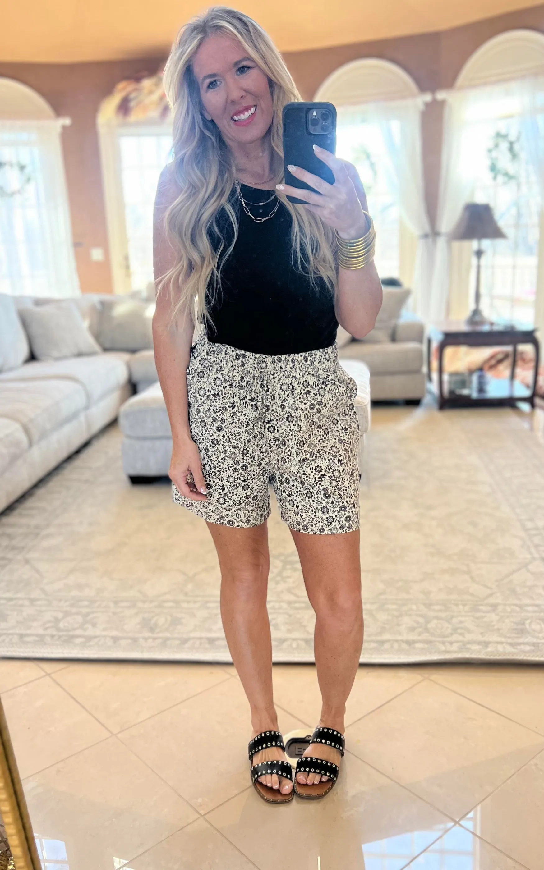 Brown Ditsy Pull-On Cuffed Shorts with Porkchop Pockets | FINAL SALE
