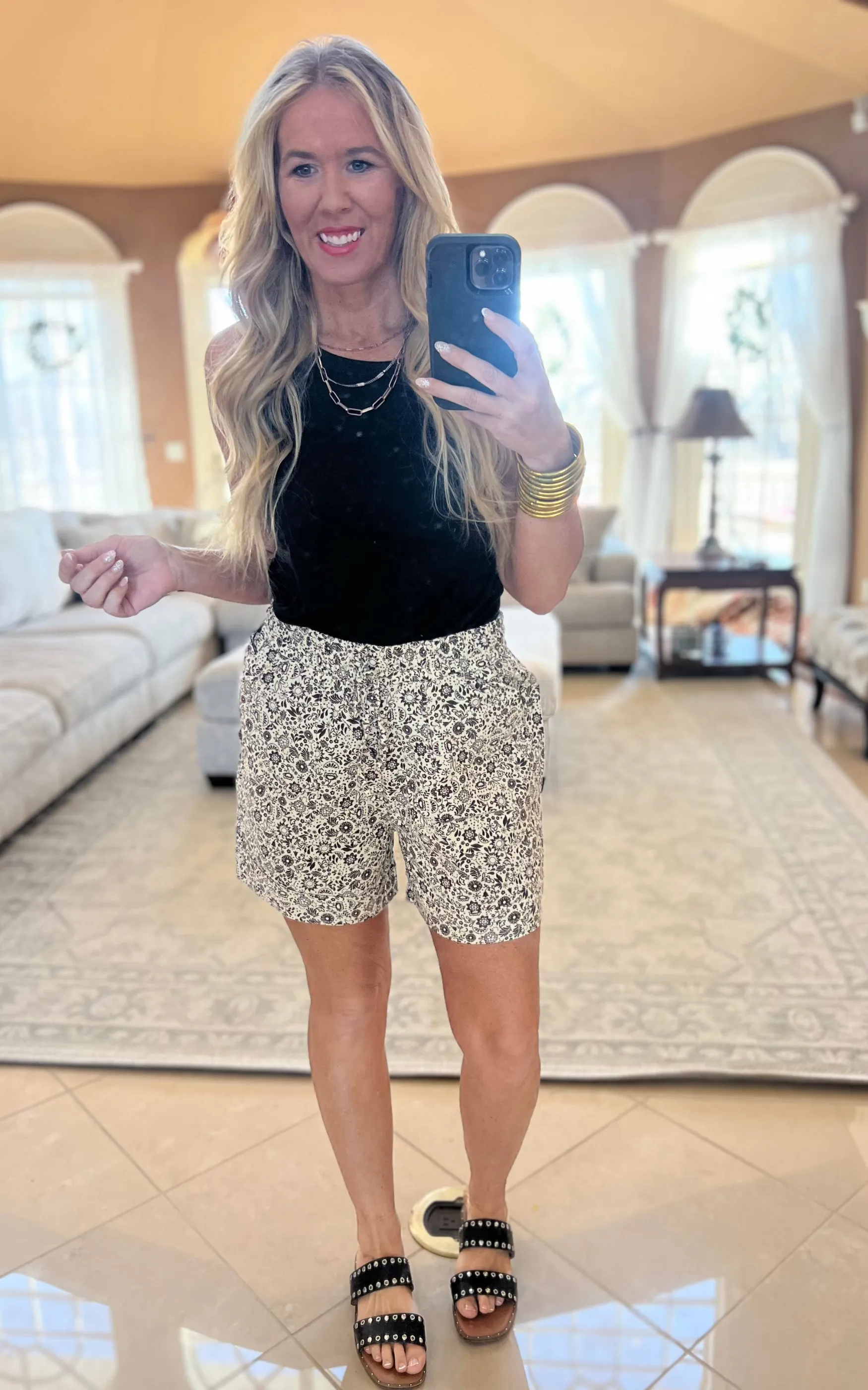 Brown Ditsy Pull-On Cuffed Shorts with Porkchop Pockets | FINAL SALE