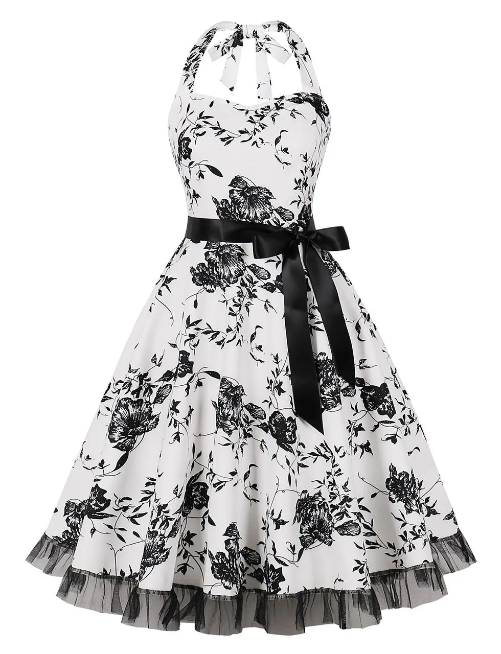 Butterfly Floral Print Sweet Heart Halter Sleeveless 1950S Vintage Dress