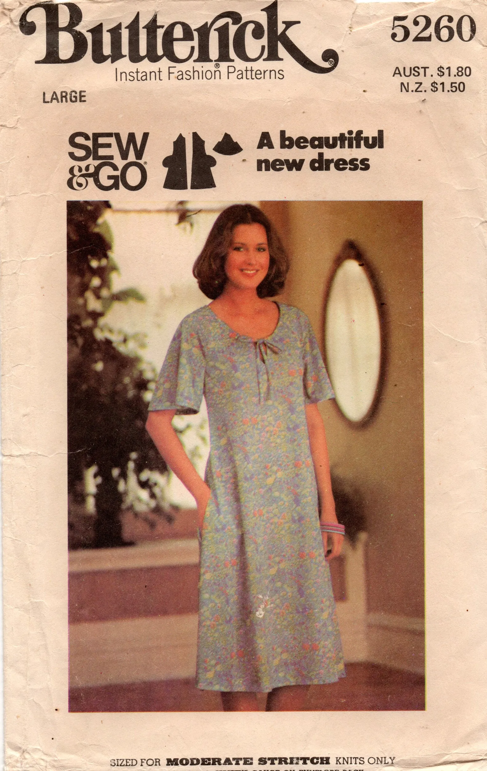 Butterick Sew & Go 5260 Womens EASY Stretch Knit Pullover Dress with Pockets 1970s Vintage Sewing Pattern Size LARGE 16 - 18
