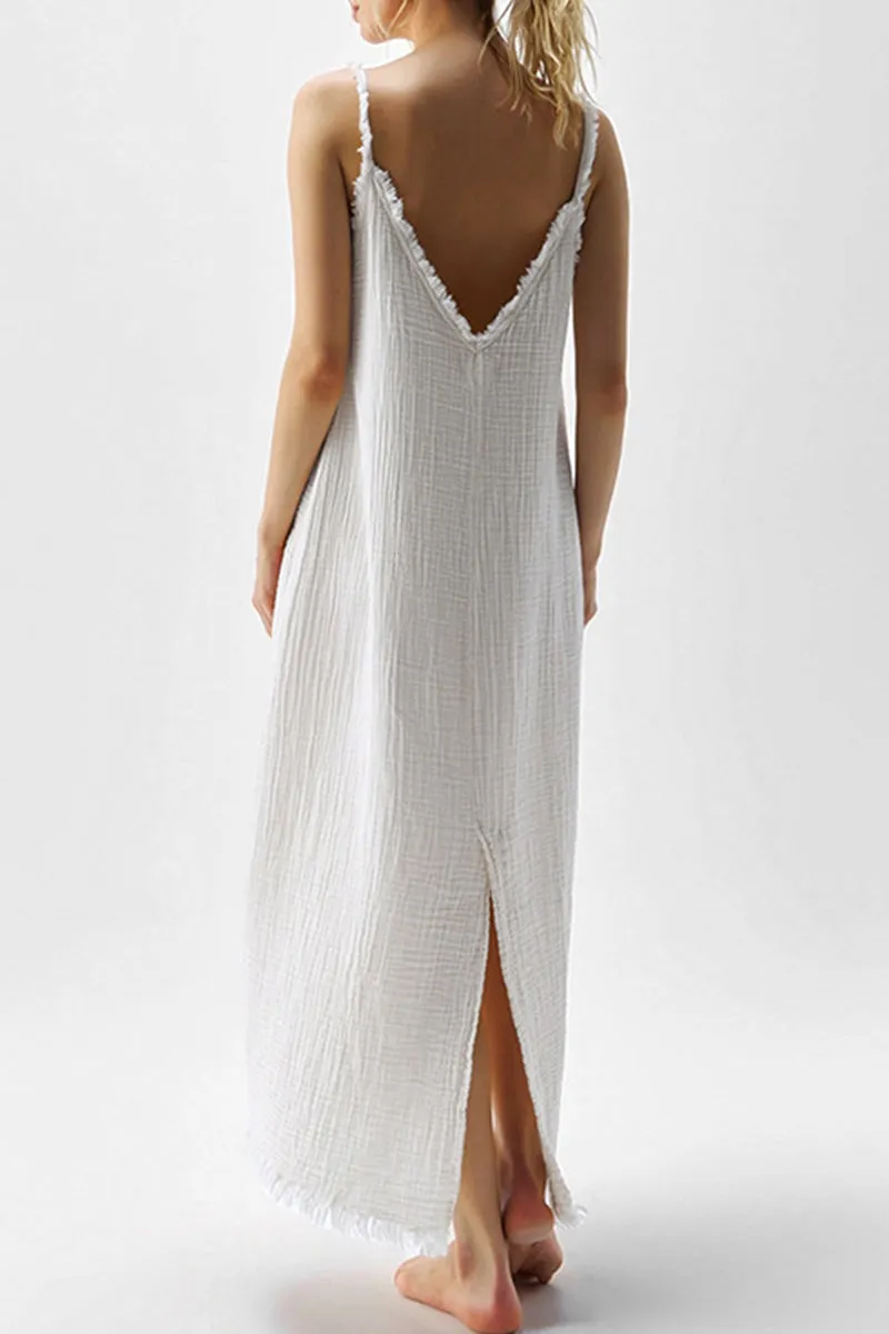 Casual Living Solid Tassel V Neck Sling Dresses