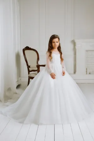 Charming White Tulle Dress for Communion with Long Sleeves