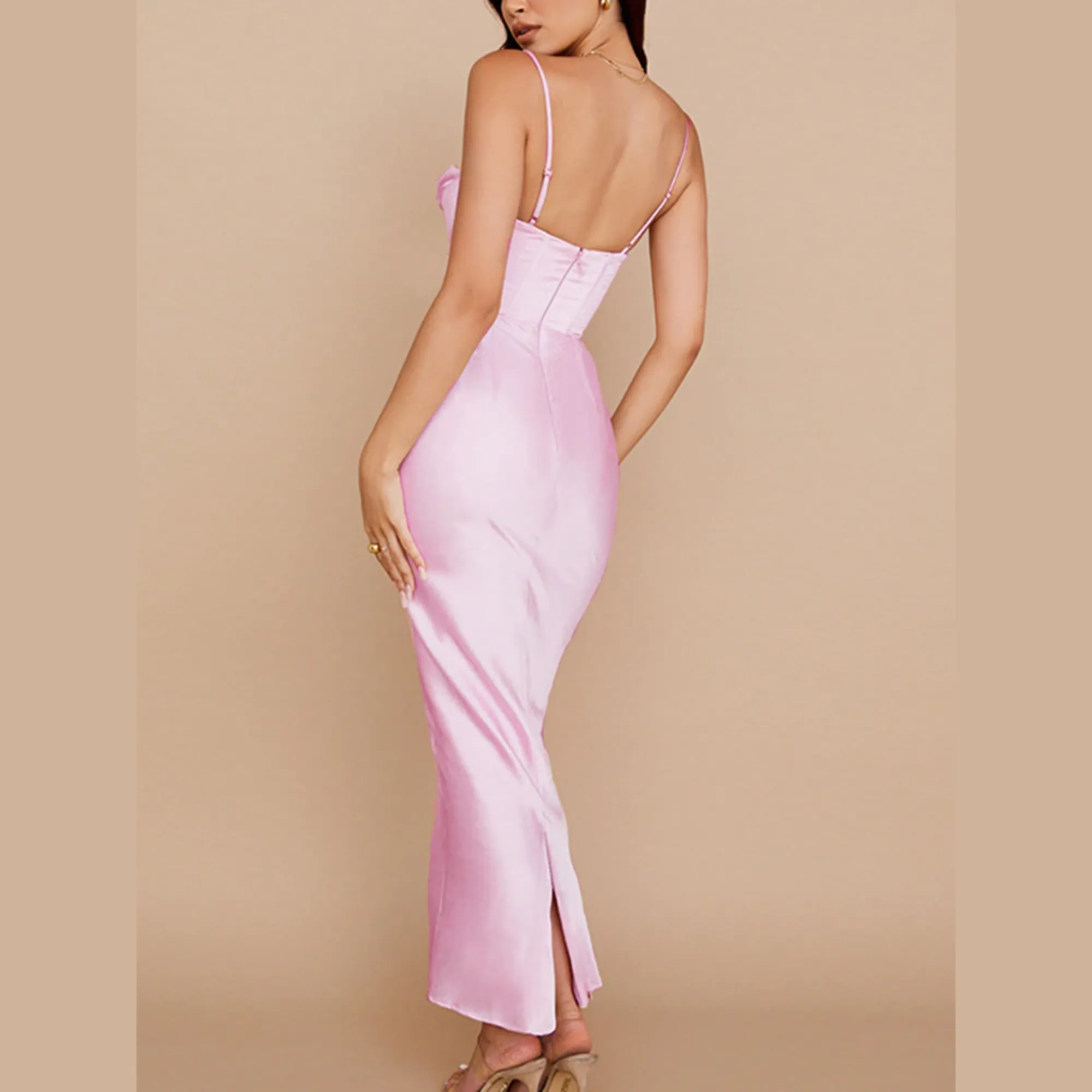 Clarise - Pink Satin Maxi Bodycon Dress