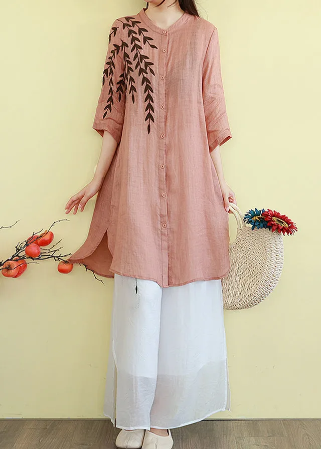 Classy Orange Embroidered Linen Mid Dresses Summer