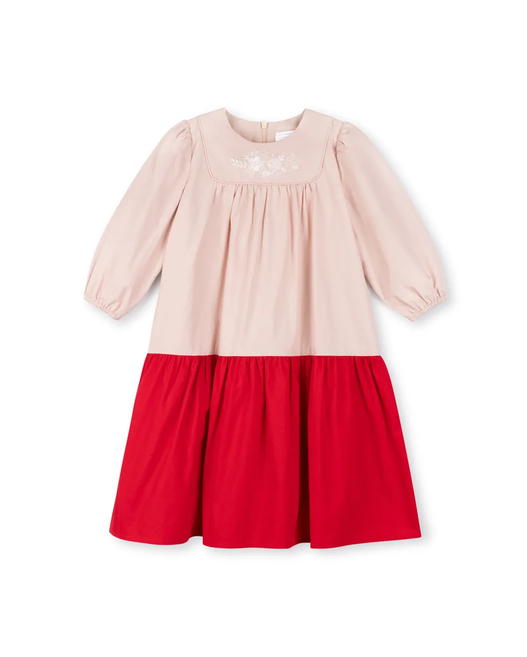 Colorblock Embroidered Neck Tiered Dress