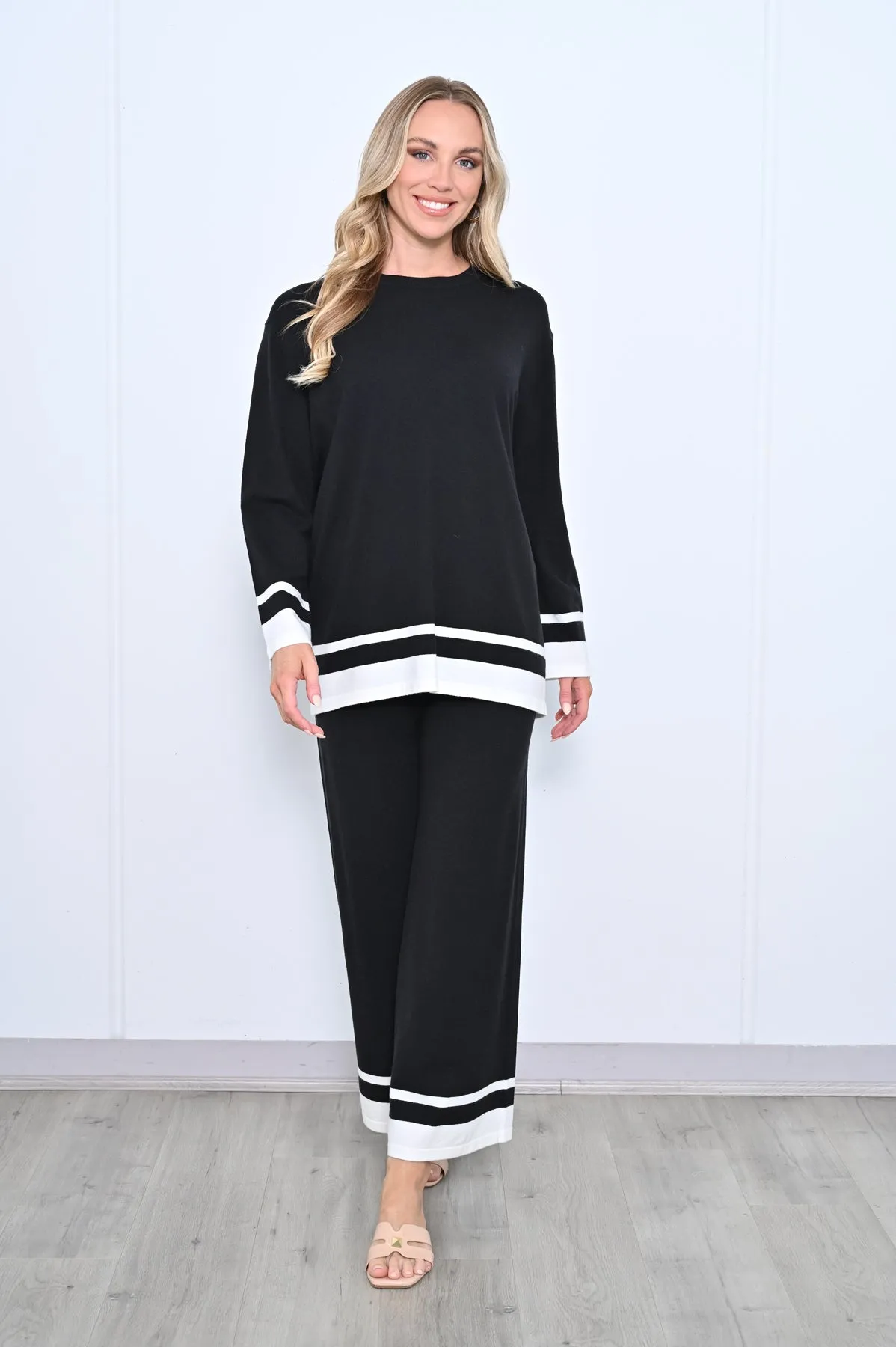 Contrast Hem Knit Pants - Black White
