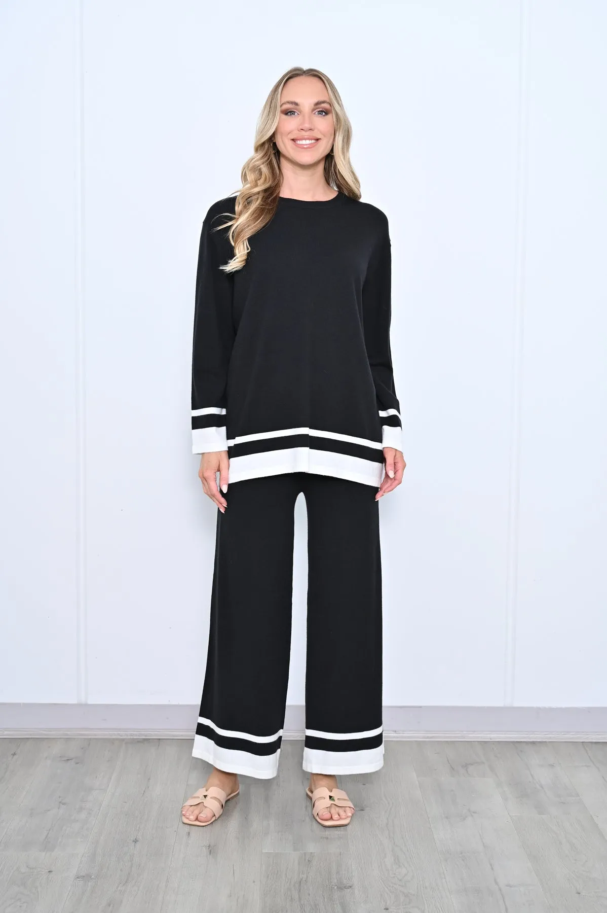 Contrast Hem Knit Pants - Black White