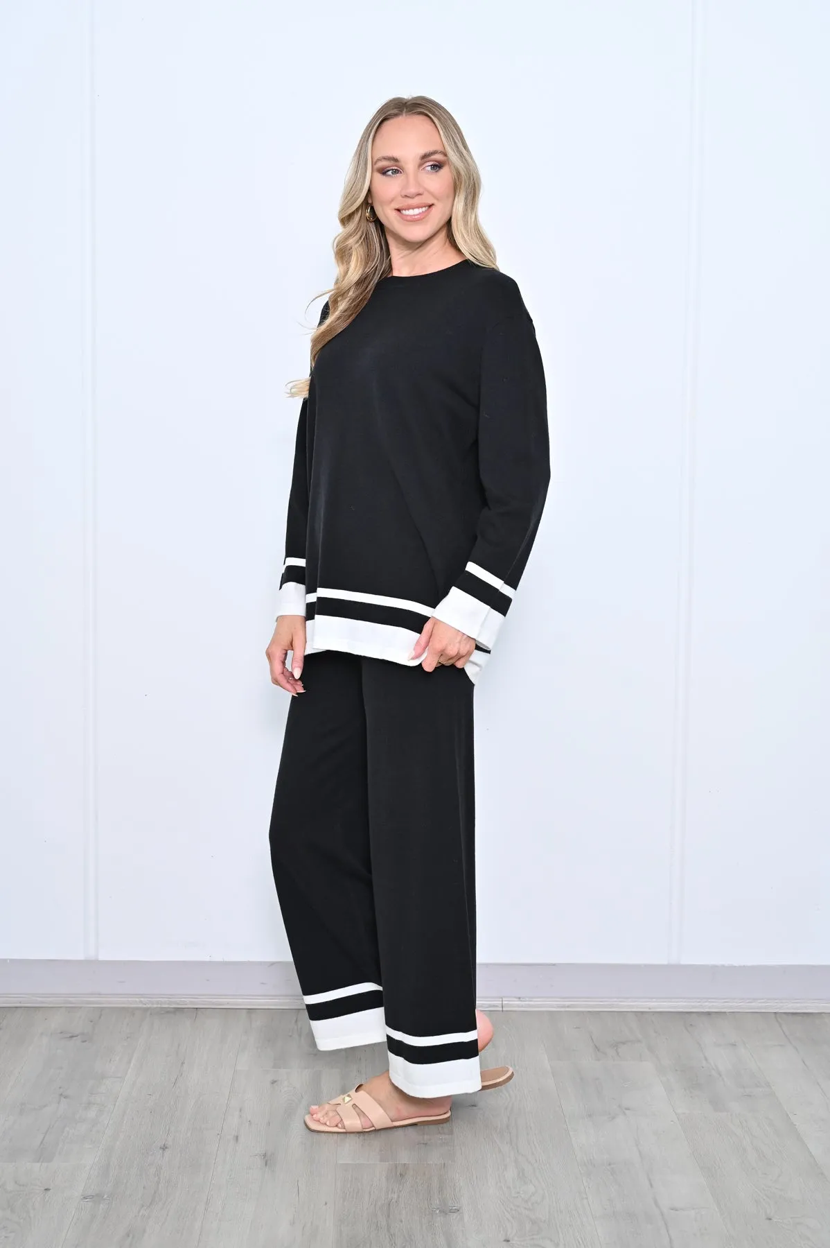 Contrast Hem Knit Pants - Black White