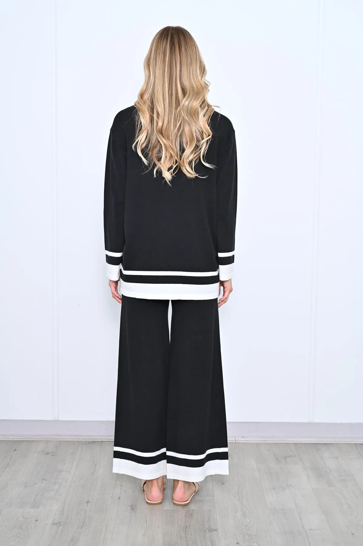 Contrast Hem Knit Pants - Black White