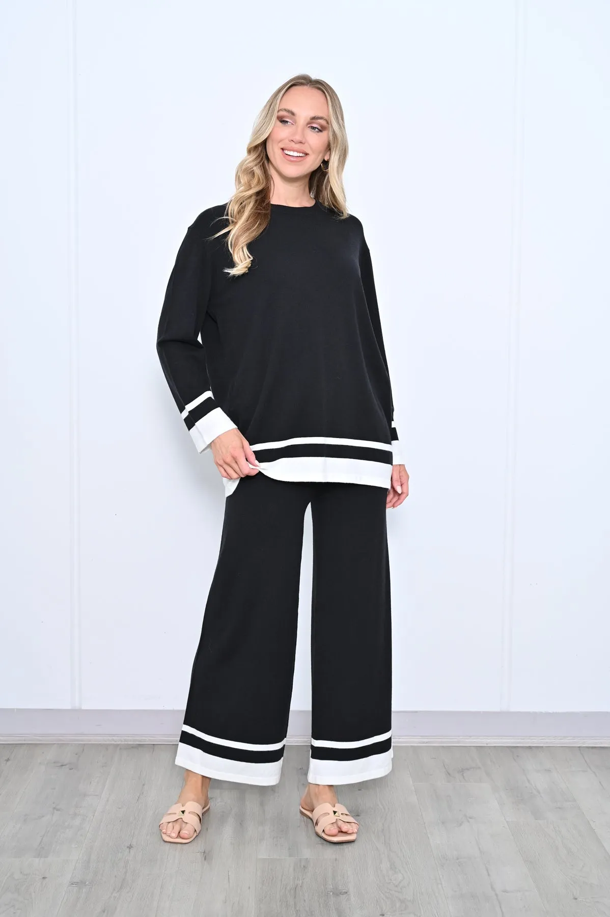 Contrast Hem Knit Pants - Black White