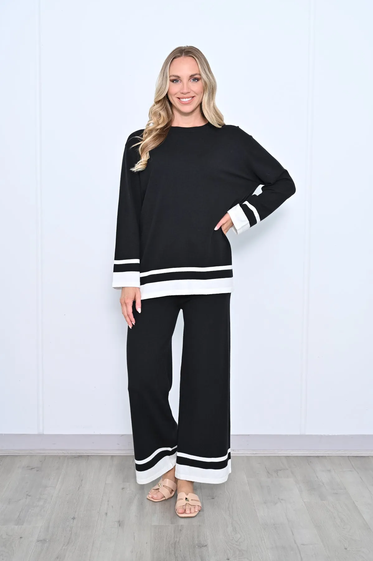 Contrast Hem Knit Pants - Black White