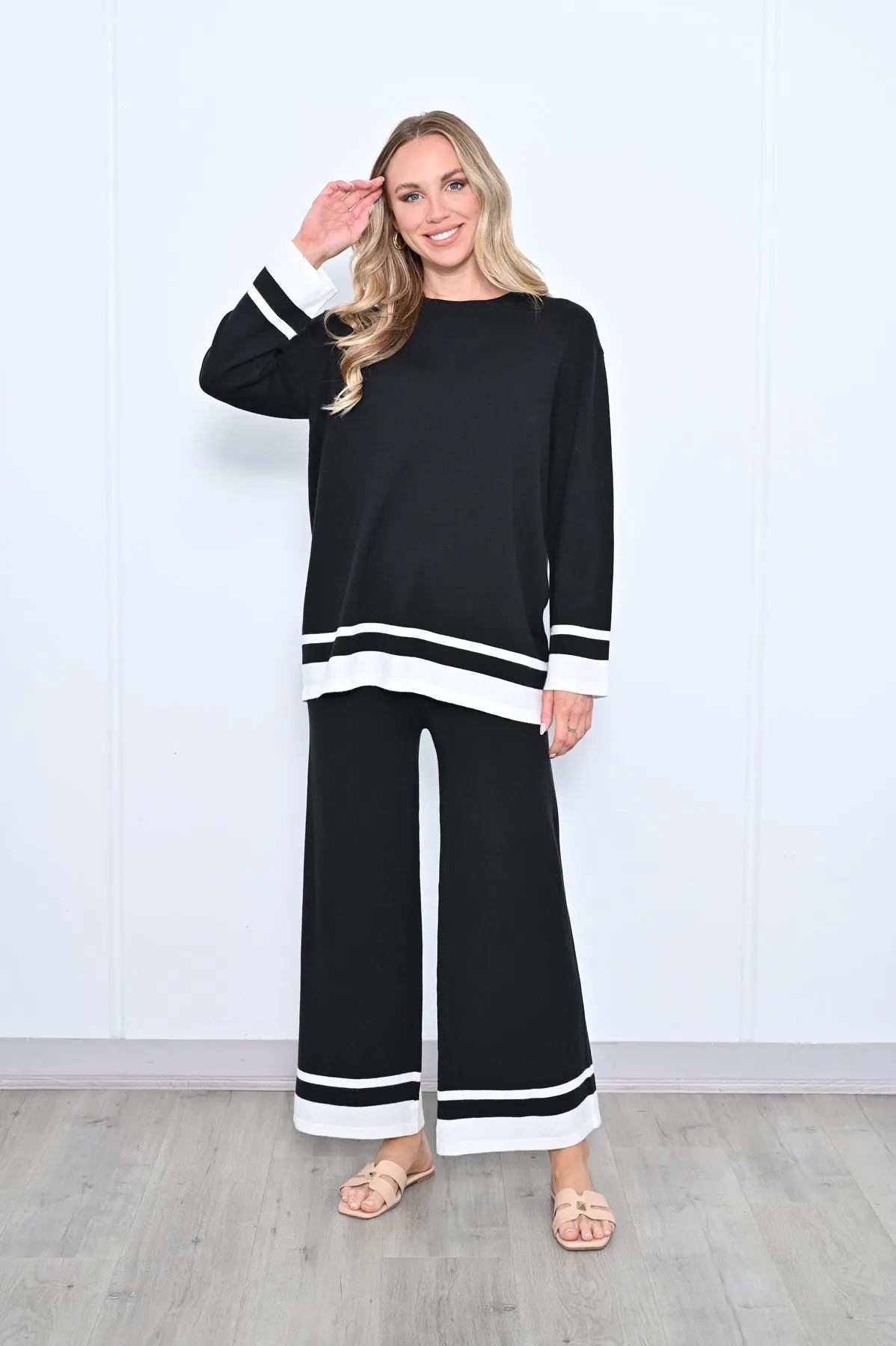 Contrast Hem Knit Pants - Black White