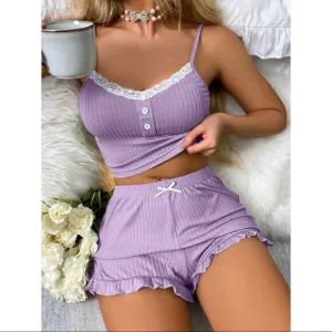 Contrast Lace Top and Shorts Pajama Sleepwear Set