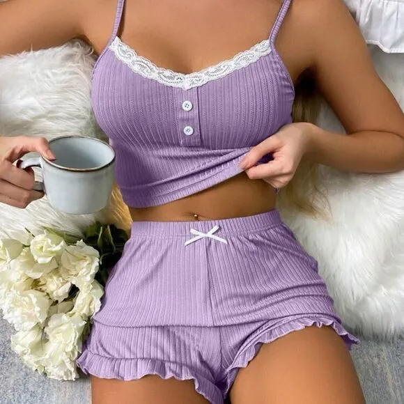 Contrast Lace Top and Shorts Pajama Sleepwear Set