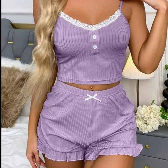 Contrast Lace Top and Shorts Pajama Sleepwear Set