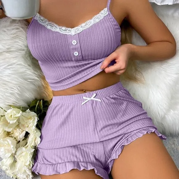 Contrast Lace Top and Shorts Pajama Sleepwear Set