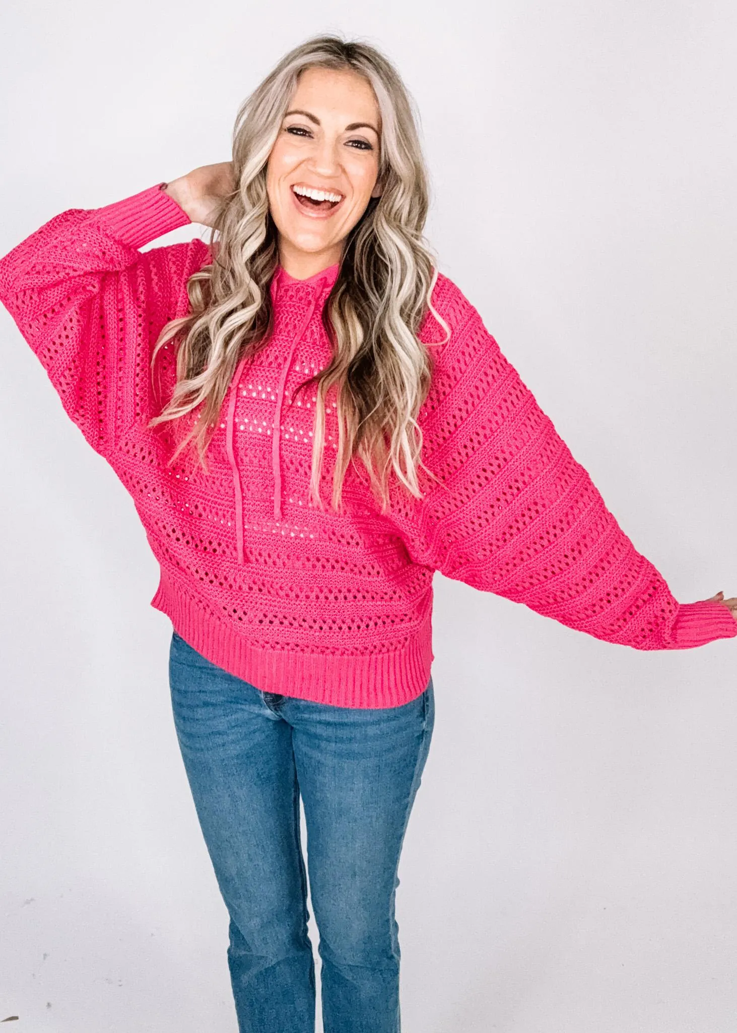 Crochet Knit Hooded Sweater with Dolman Sleeves