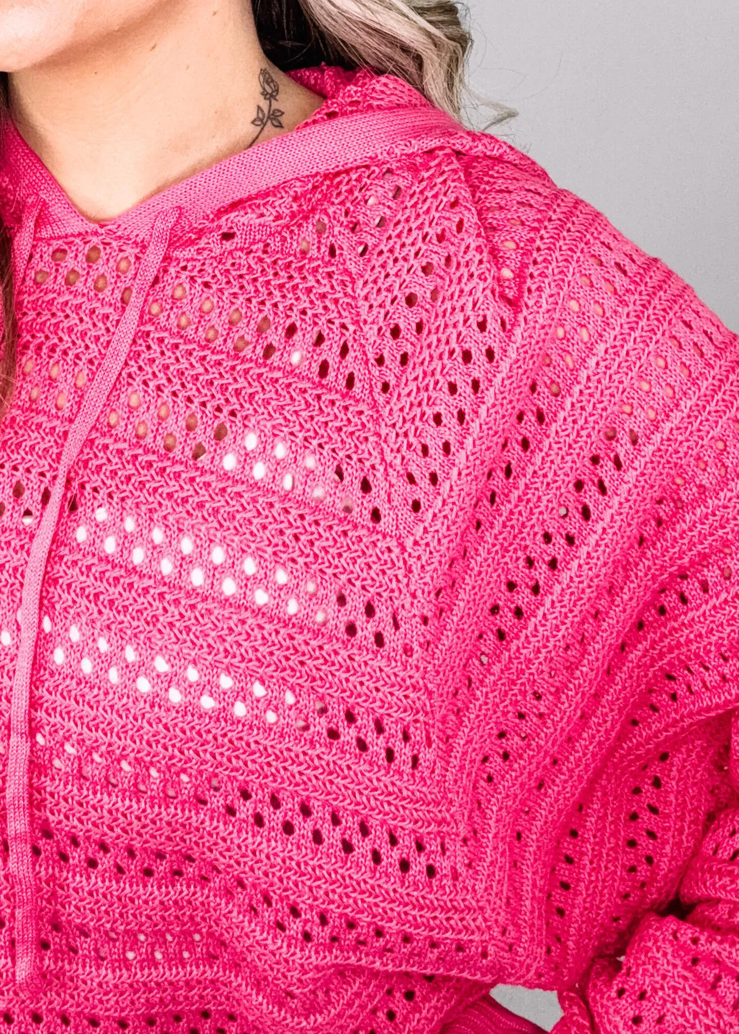 Crochet Knit Hooded Sweater with Dolman Sleeves