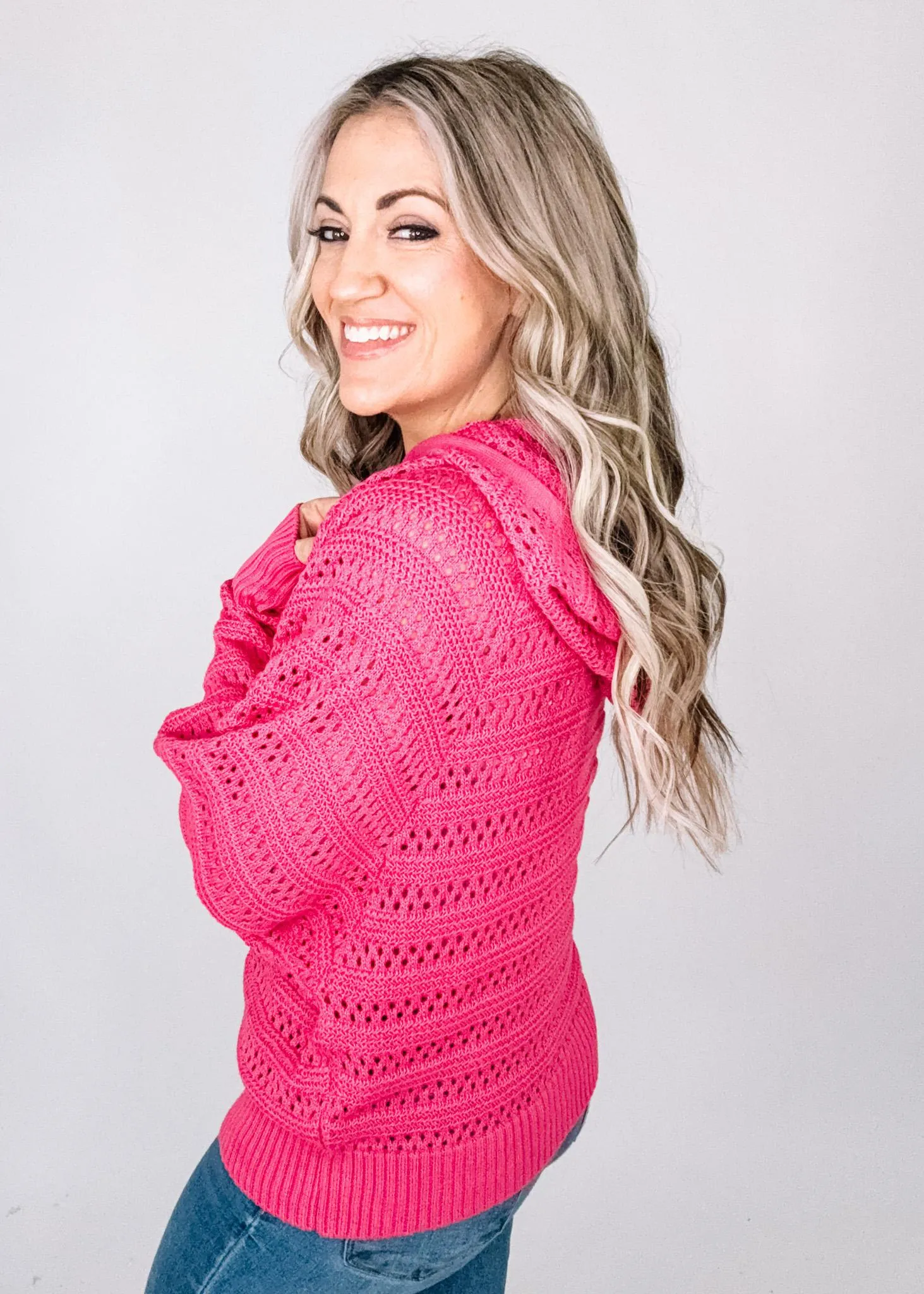 Crochet Knit Hooded Sweater with Dolman Sleeves