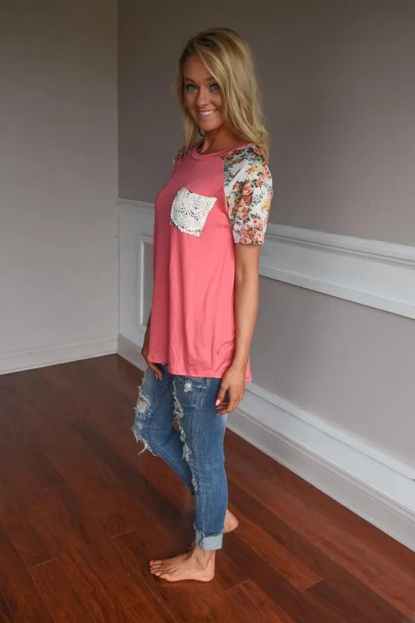Crochet Pocket Floral Top ~ Coral