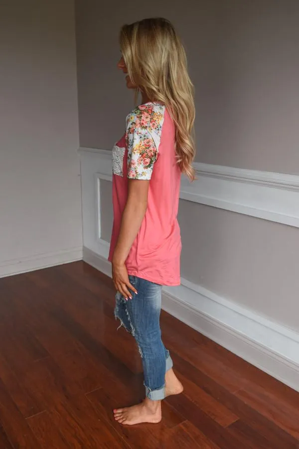 Crochet Pocket Floral Top ~ Coral