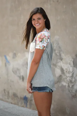 Crochet Pocket Floral Top ~ Grey