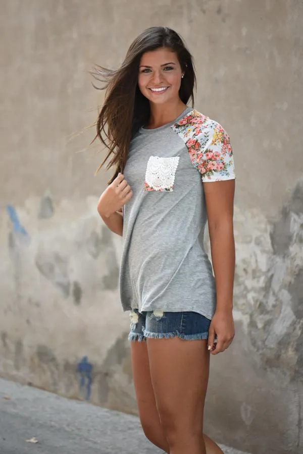 Crochet Pocket Floral Top ~ Grey