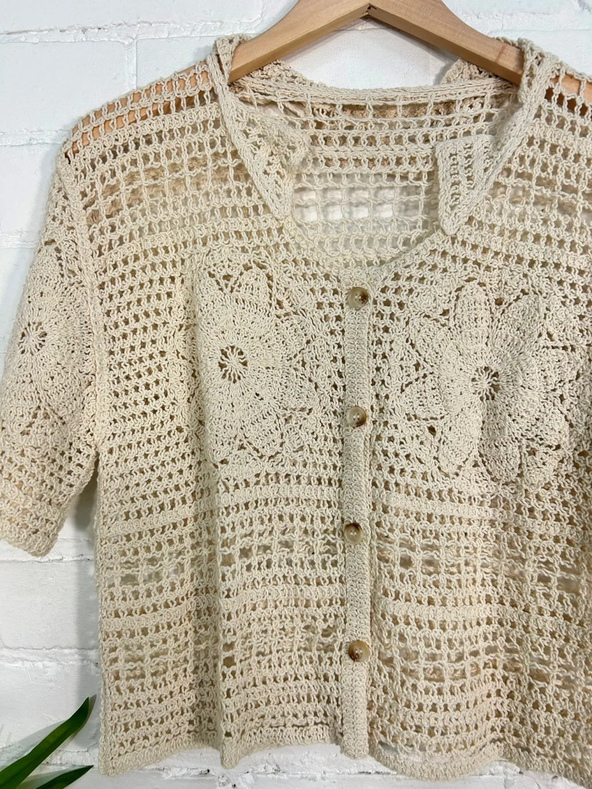 Crochet Short Sleeve Button Top