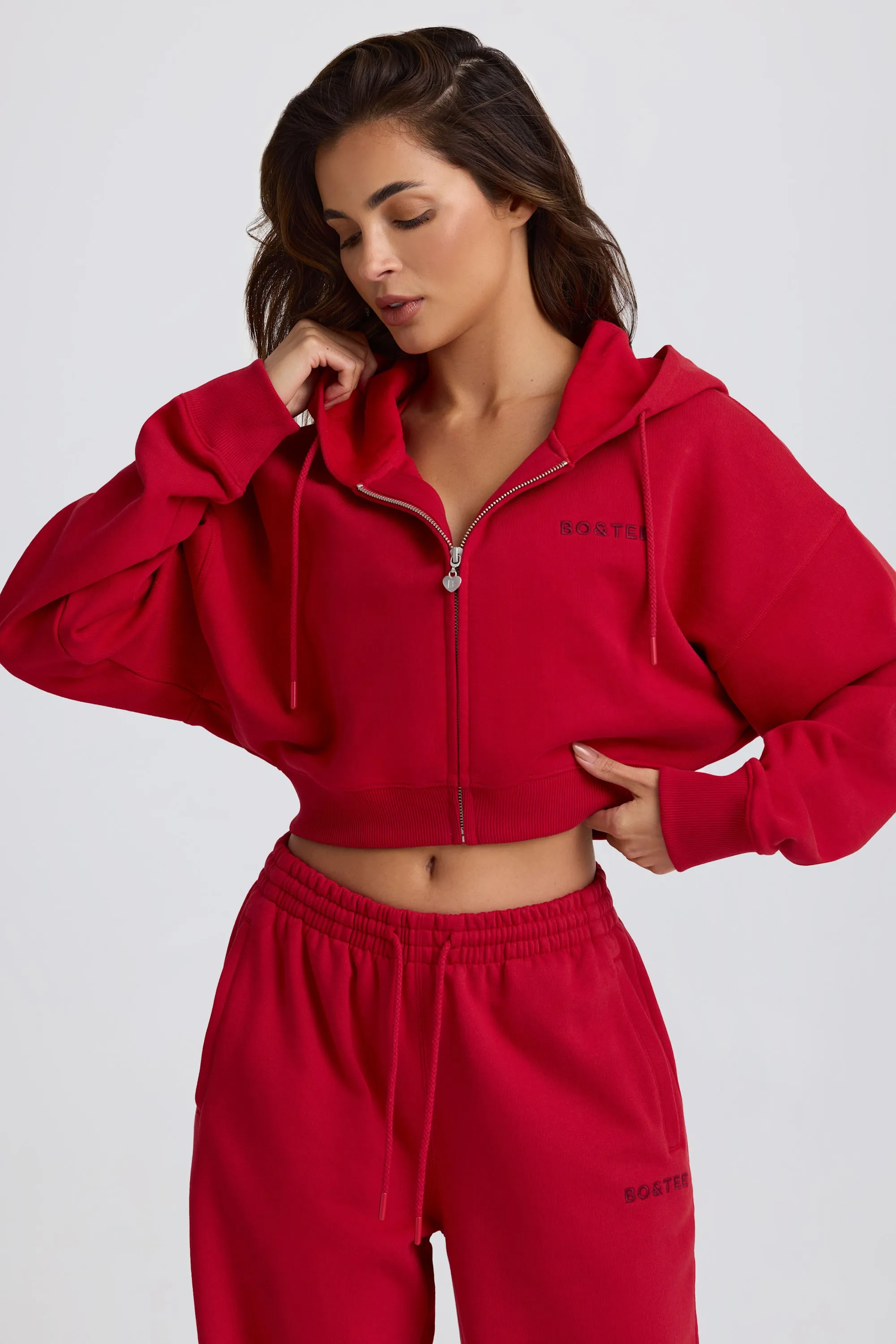 Cropped Zip-Up Hoodie in Hot Red