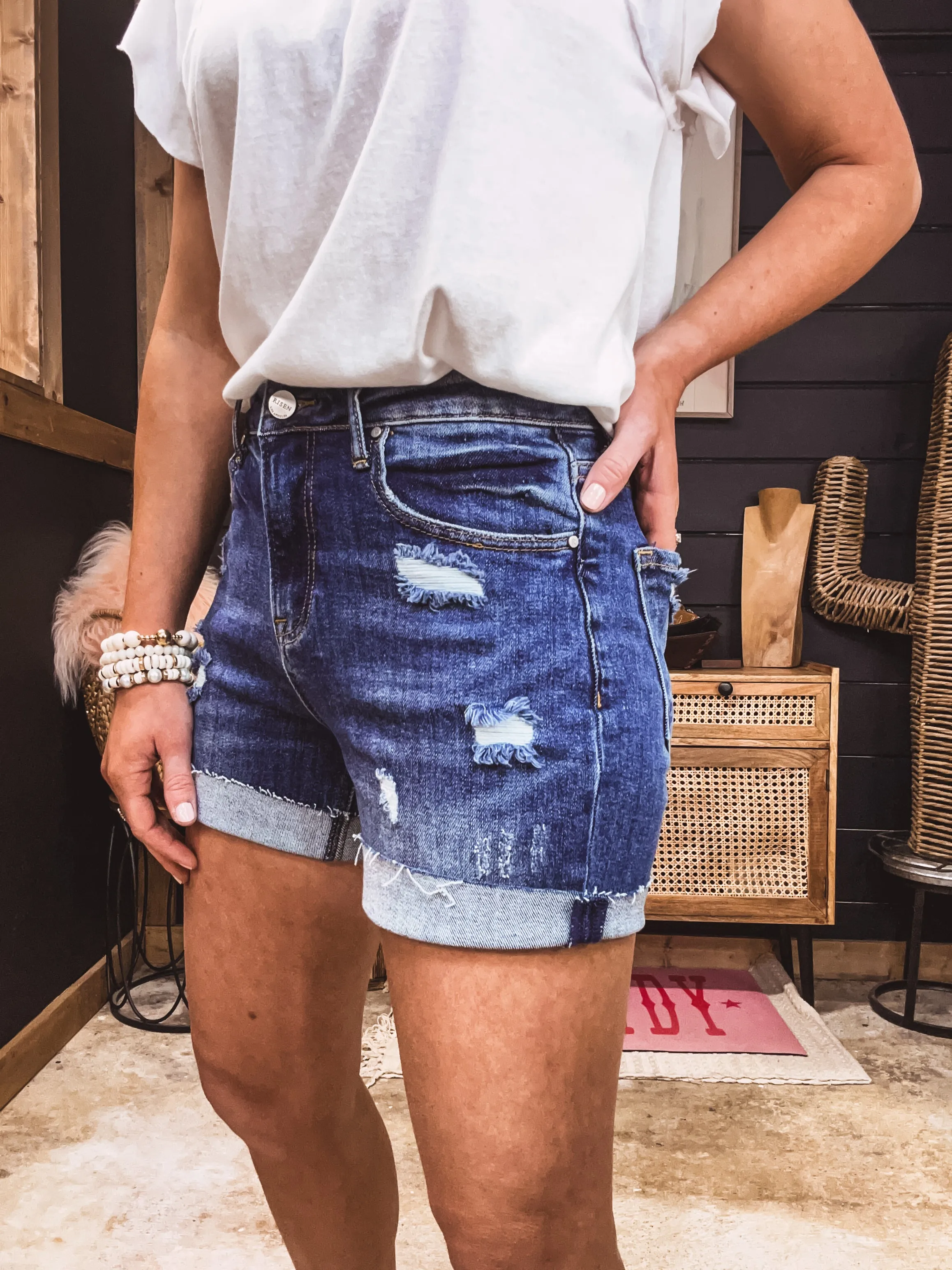 Dark High Rise Cuffed Shorts