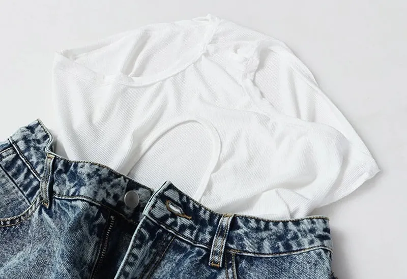 Denim High Waist Patchwork Hit Color Ruffles Shorts