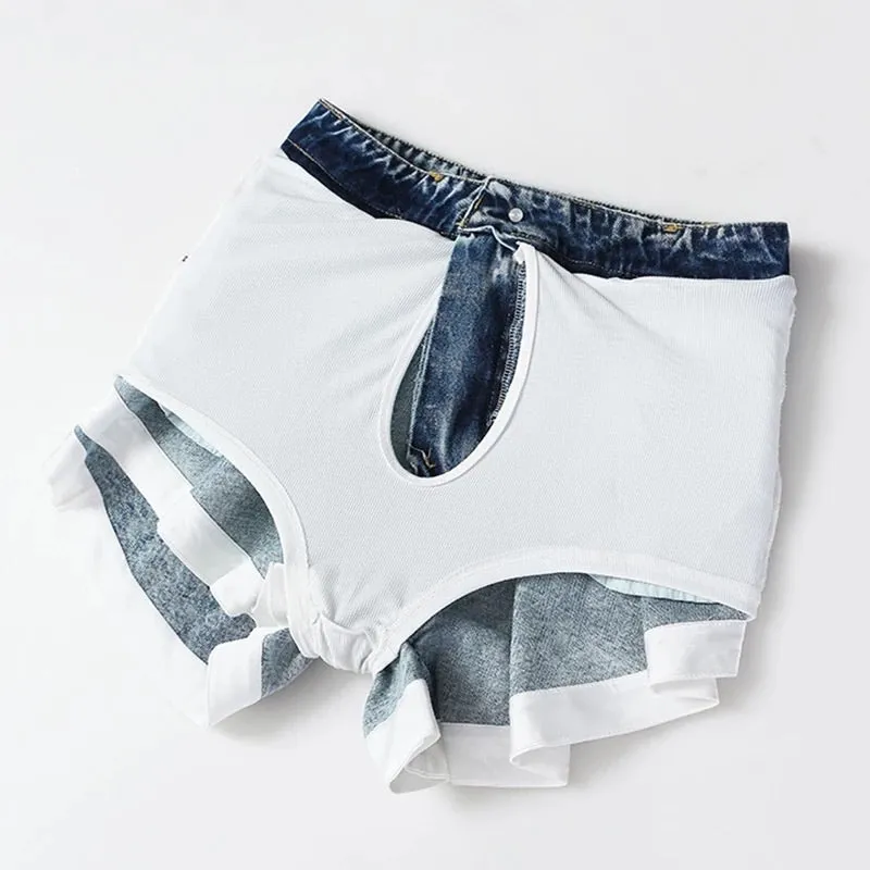 Denim High Waist Patchwork Hit Color Ruffles Shorts