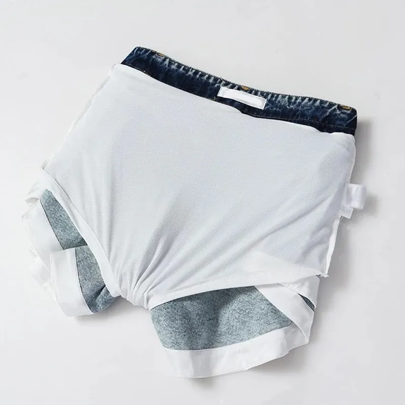 Denim High Waist Patchwork Hit Color Ruffles Shorts