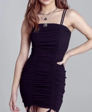 Double Ruch Spaghetti Strap Tie Mini Dress