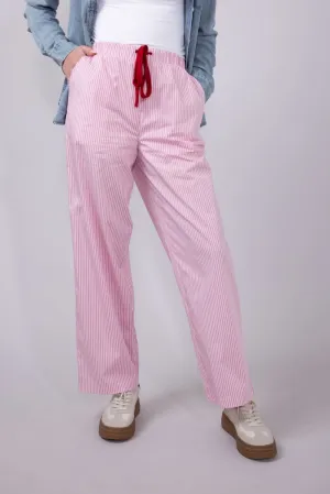 Drawstring Mid Rise Striped Pants for Women in Pink/White | SP2845-WHITE-PINKSTRIPE