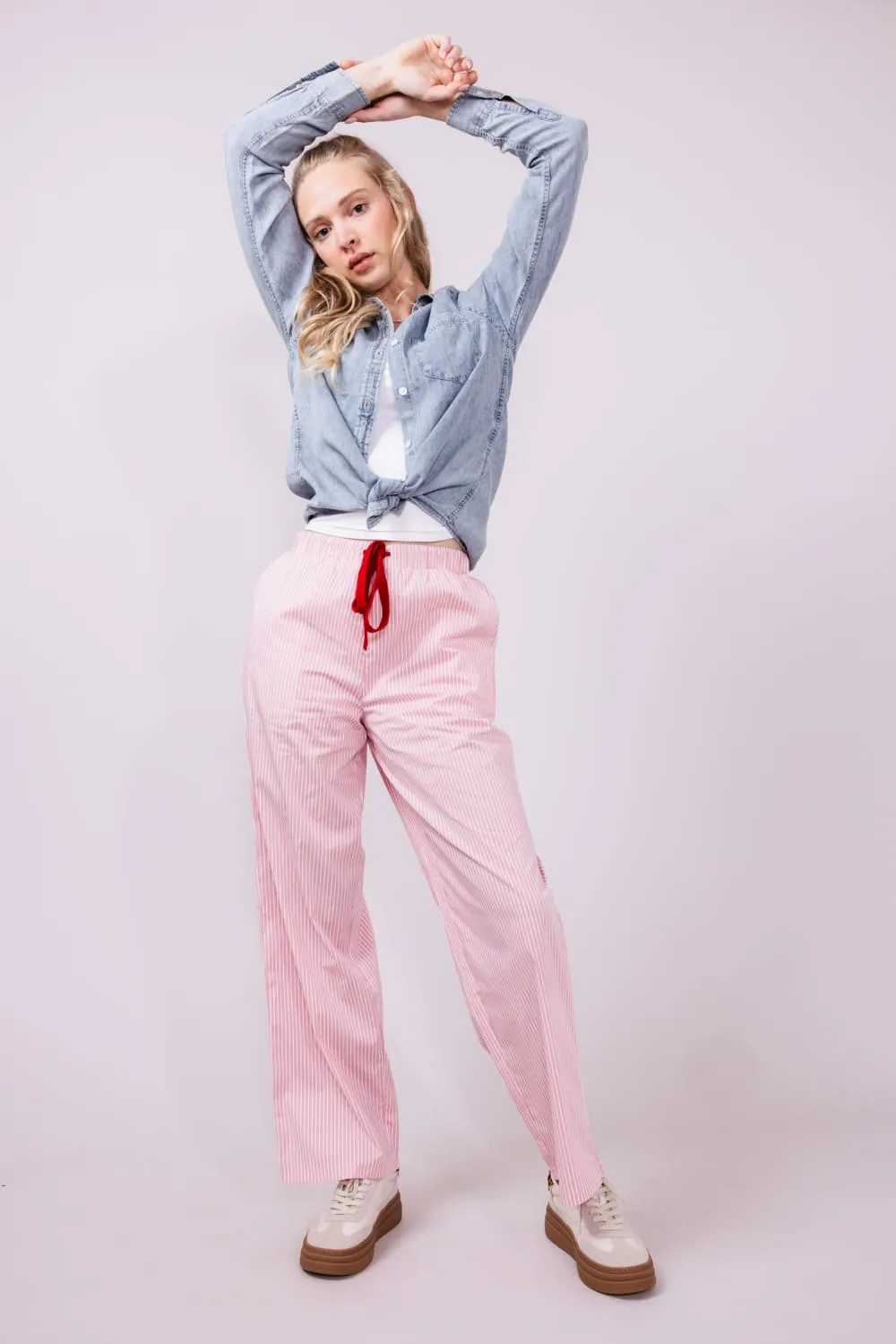 Drawstring Mid Rise Striped Pants for Women in Pink/White | SP2845-WHITE-PINKSTRIPE