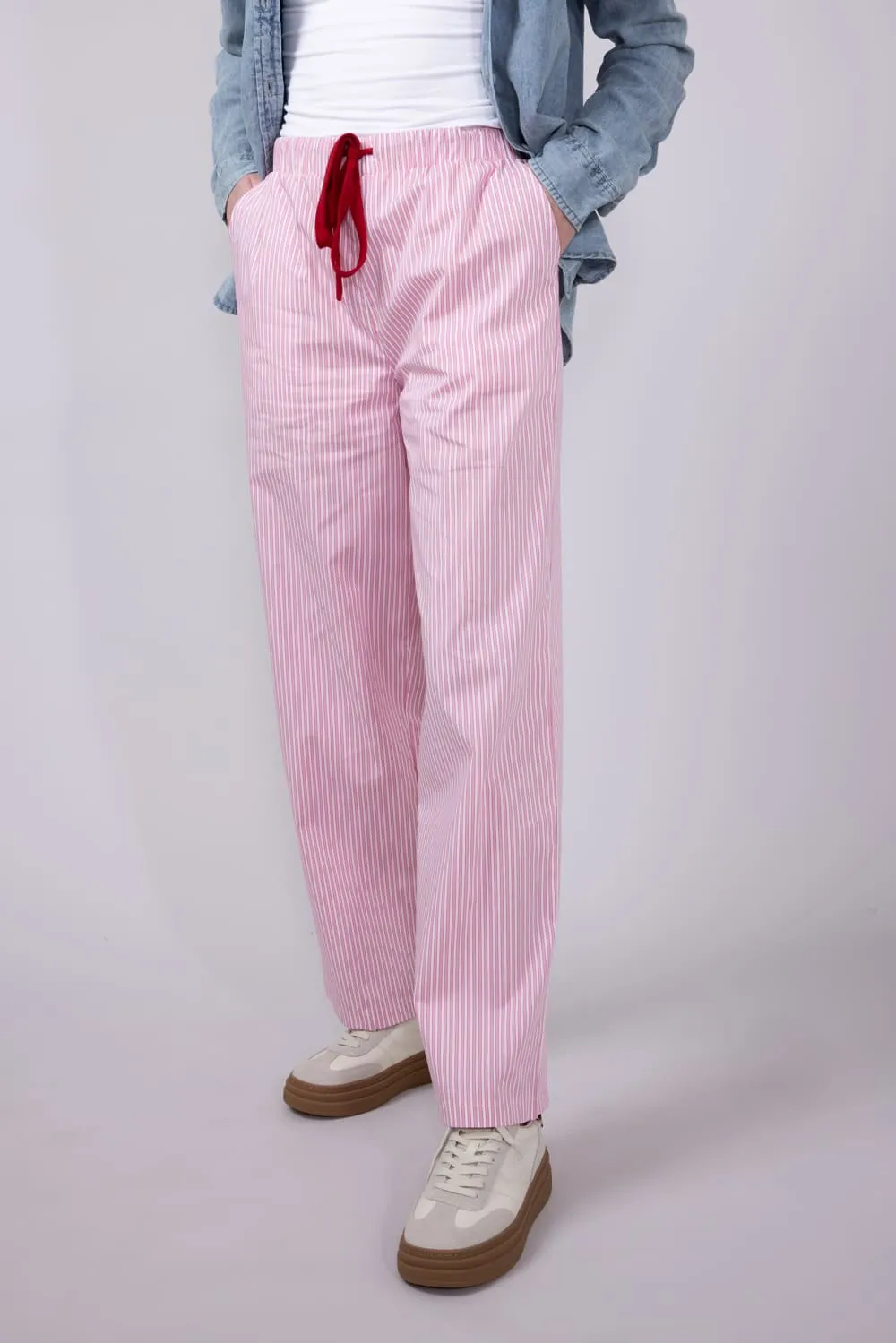 Drawstring Mid Rise Striped Pants for Women in Pink/White | SP2845-WHITE-PINKSTRIPE