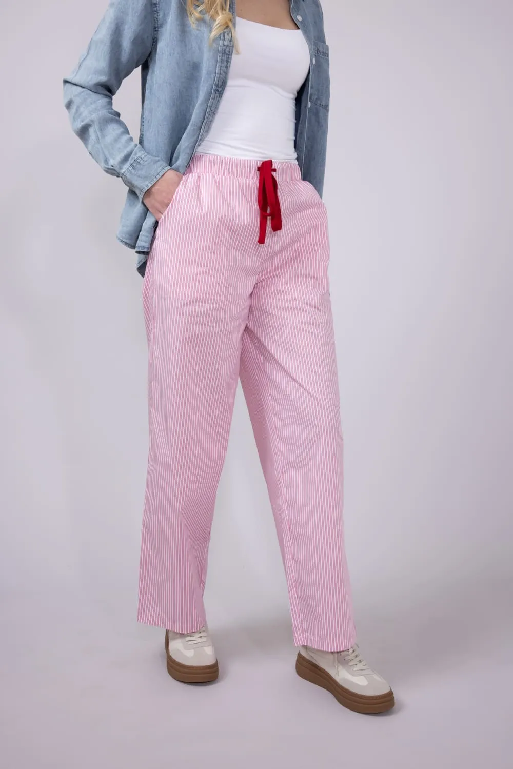 Drawstring Mid Rise Striped Pants for Women in Pink/White | SP2845-WHITE-PINKSTRIPE