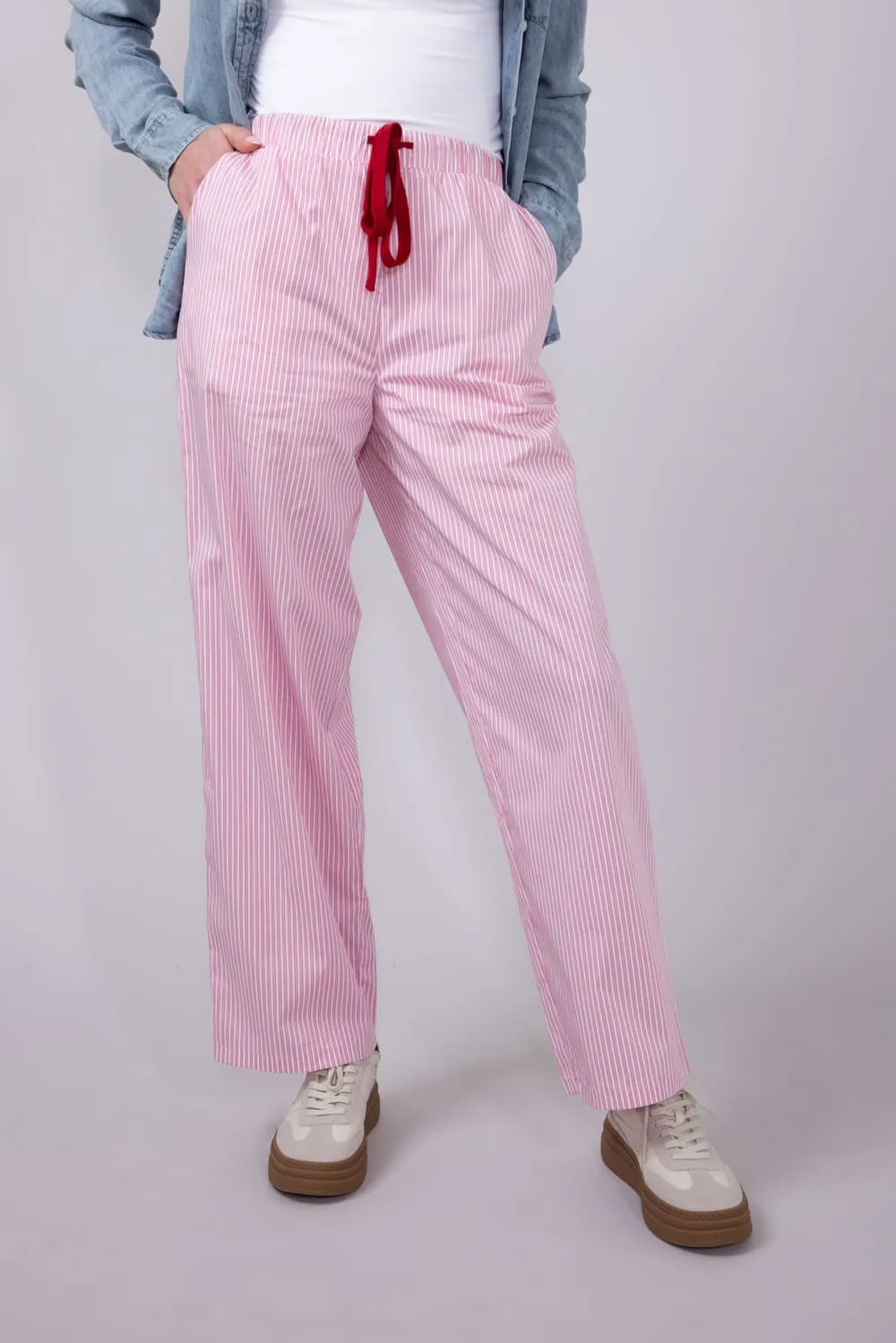 Drawstring Mid Rise Striped Pants for Women in Pink/White | SP2845-WHITE-PINKSTRIPE
